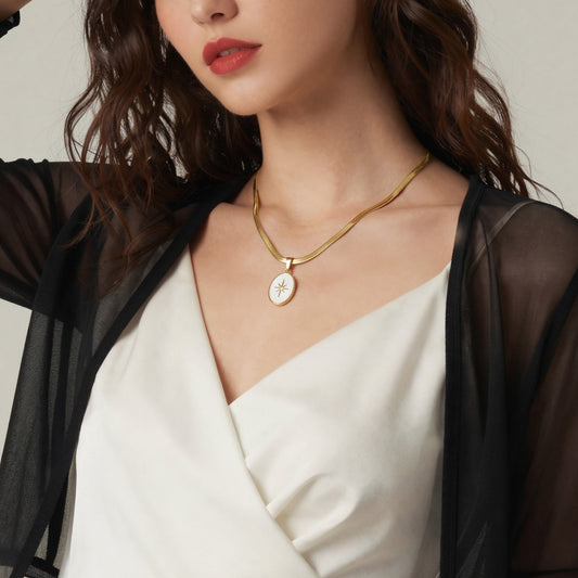 316L Stainless Steel 18K Gold Plated Octagram Enamel Flat Snake Chain Necklace - Image 7