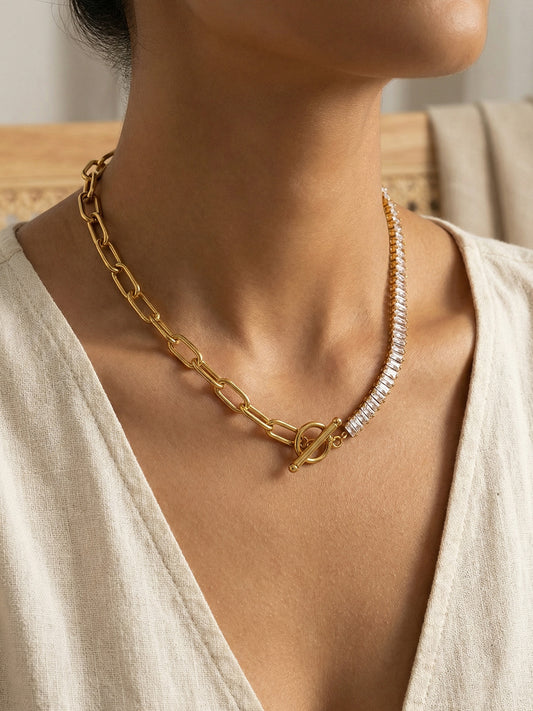 316L Stainless Steel 18K Gold Plated OT Buckle Zircon Chain Bracelet Necklace - Image 1