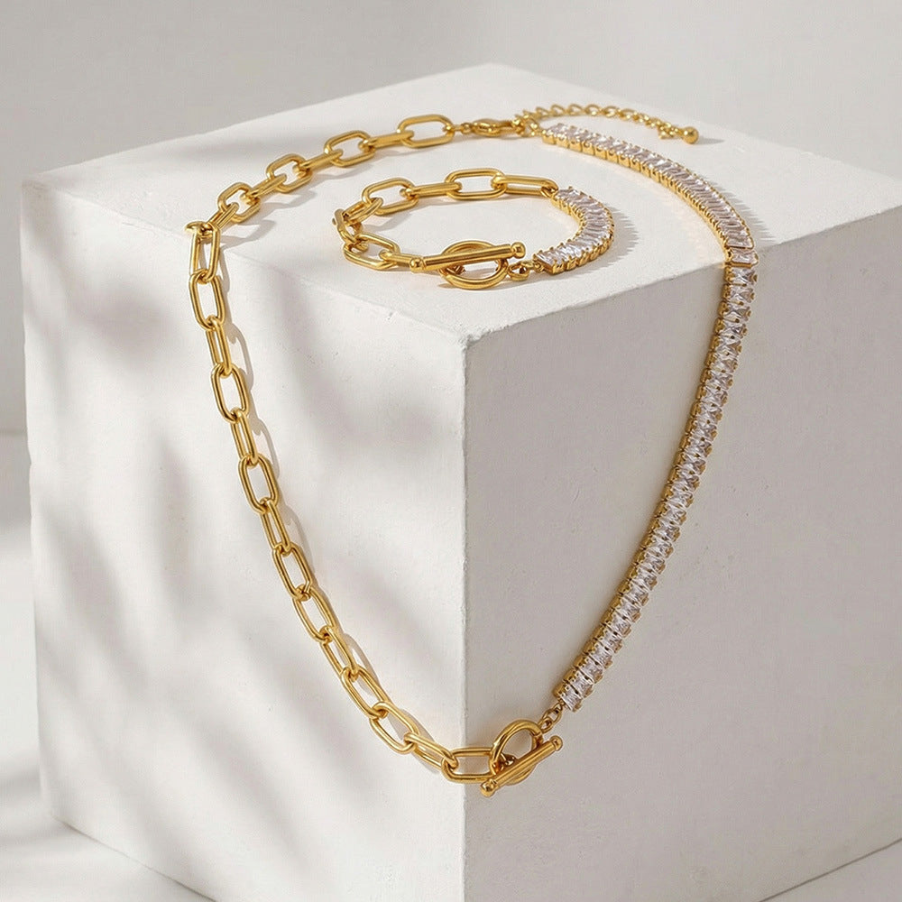 316L Stainless Steel 18K Gold Plated OT Buckle Zircon Chain Bracelet Necklace - Image 13