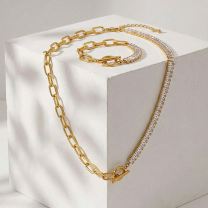 316L Stainless Steel 18K Gold Plated OT Buckle Zircon Chain Bracelet Necklace - Image 13