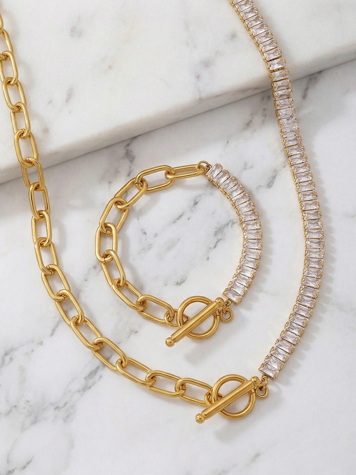 316L Stainless Steel 18K Gold Plated OT Buckle Zircon Chain Bracelet Necklace - Image 2