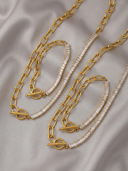 316L Stainless Steel 18K Gold Plated OT Buckle Zircon Chain Bracelet Necklace - Image 3