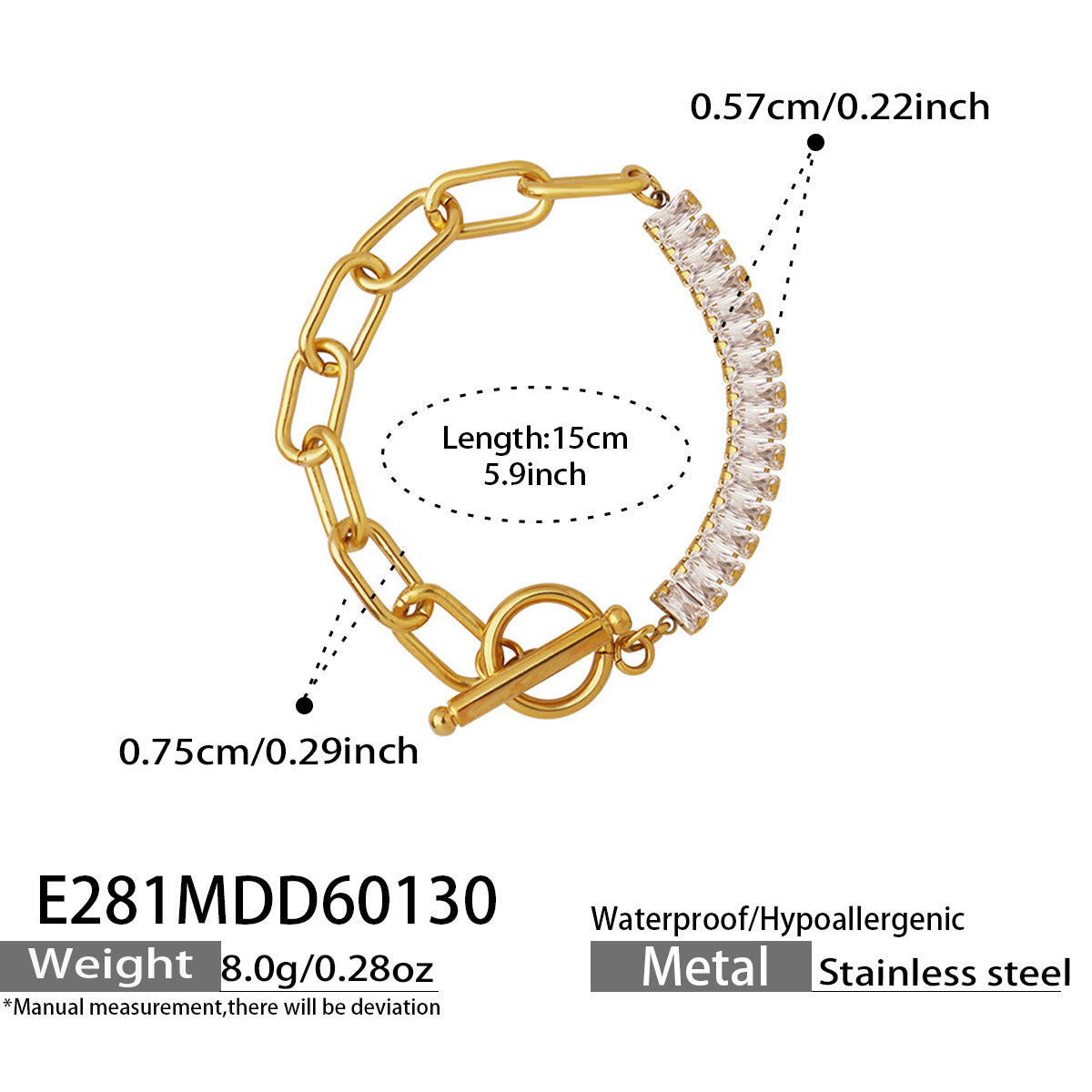 316L Stainless Steel 18K Gold Plated OT Buckle Zircon Chain Bracelet Necklace - Image 7