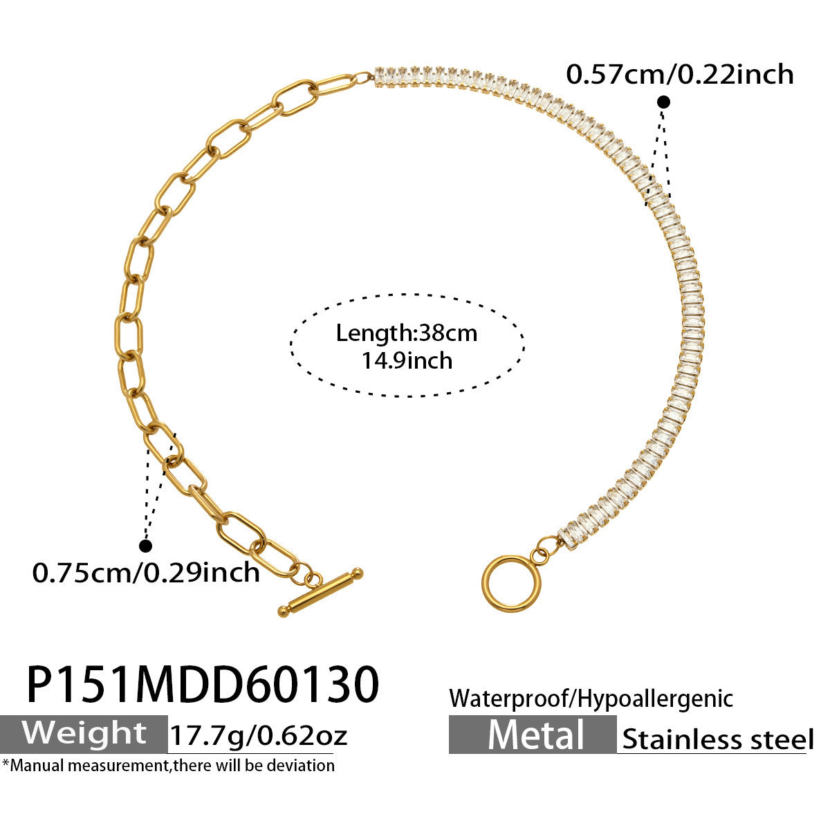 316L Stainless Steel 18K Gold Plated OT Buckle Zircon Chain Bracelet Necklace - Image 9