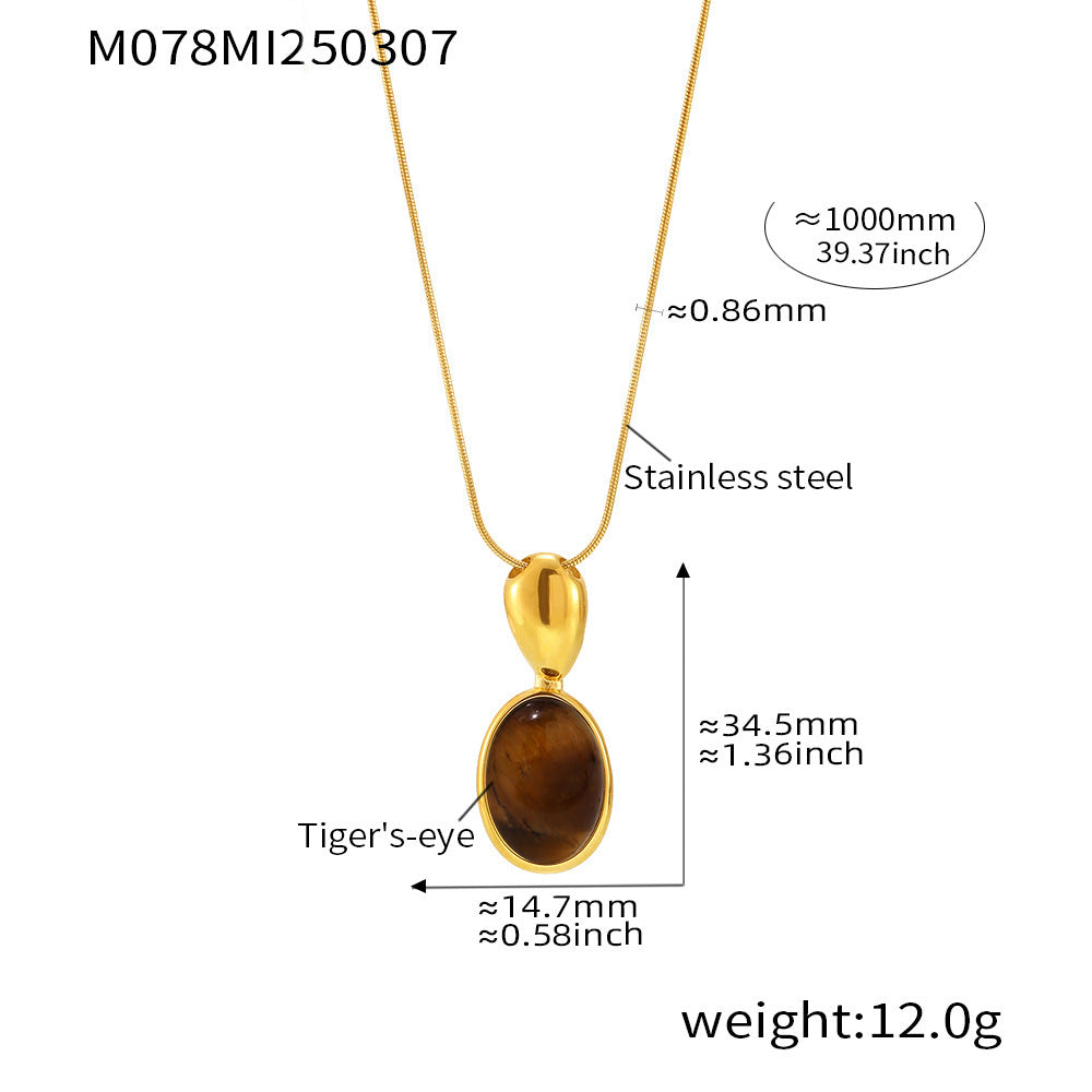 316L Stainless Steel 18K Gold Plated Oval Tiger's Eye Statement Sweater Chain - Image 11