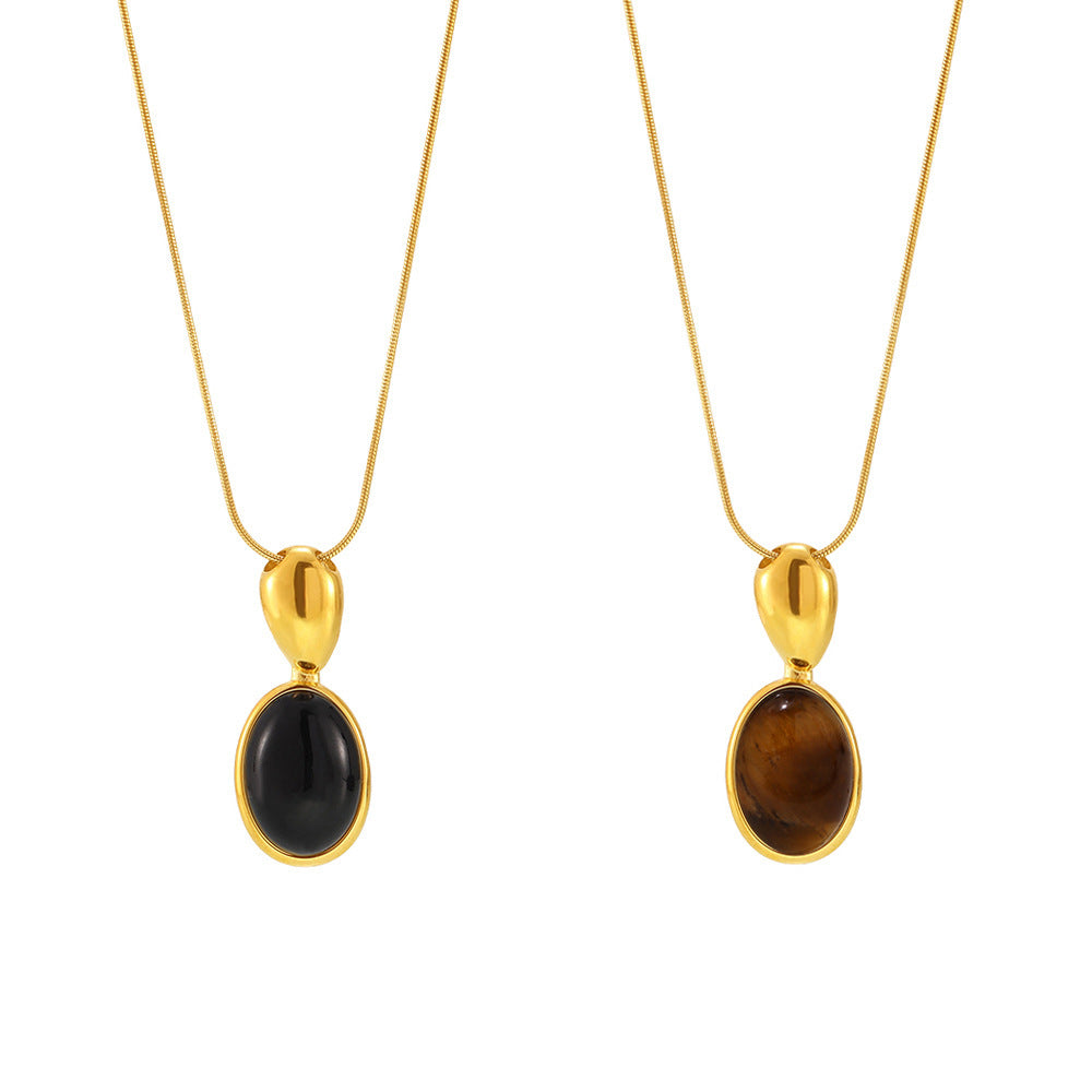 316L Stainless Steel 18K Gold Plated Oval Tiger's Eye Statement Sweater Chain - Image 5