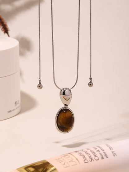 316L Stainless Steel 18K Gold Plated Oval Tiger's Eye Statement Sweater Chain - Image 6