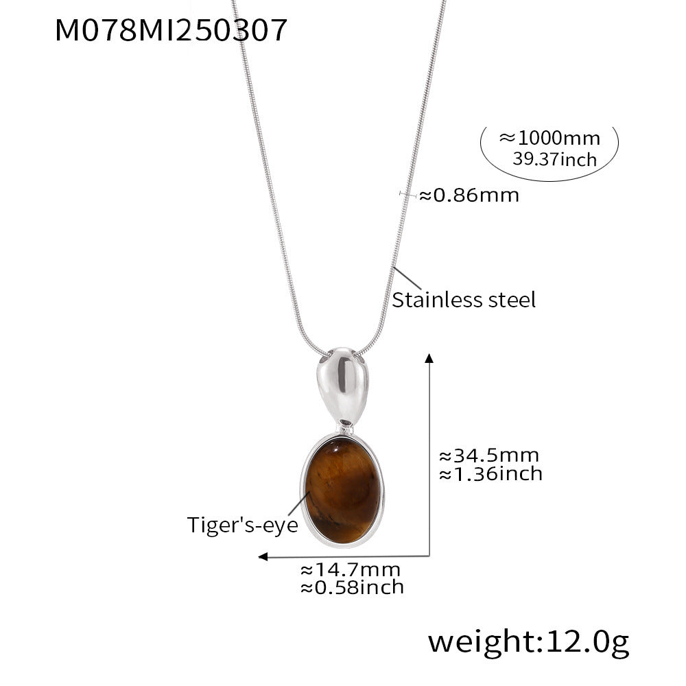 316L Stainless Steel 18K Gold Plated Oval Tiger's Eye Statement Sweater Chain - Image 7