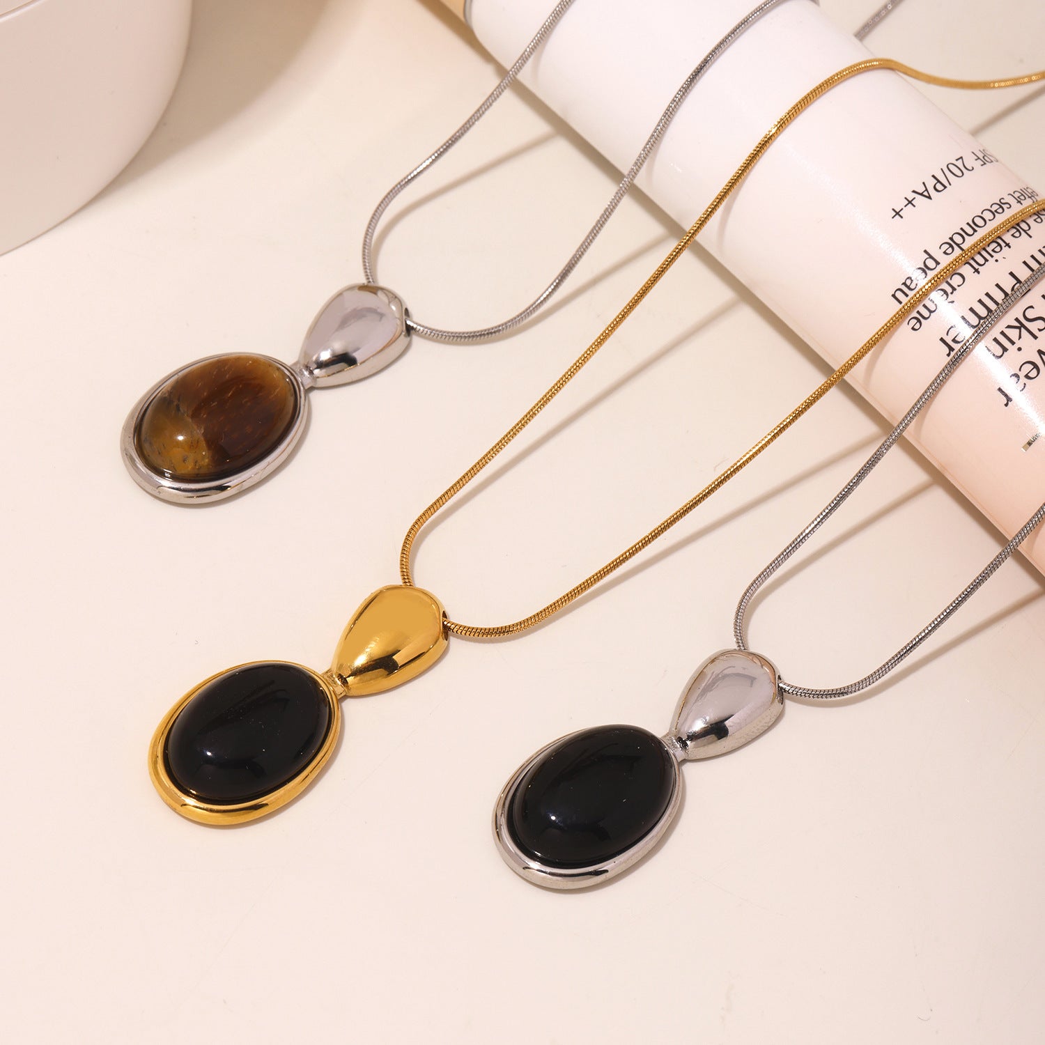 316L Stainless Steel 18K Gold Plated Oval Tiger's Eye Statement Sweater Chain - Image 8