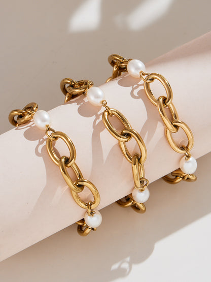 316L Stainless Steel 18K Gold Plated Pearl Chain Bracelet - Image 11