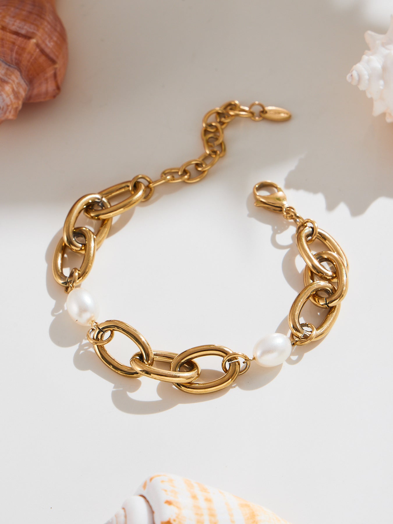 316L Stainless Steel 18K Gold Plated Pearl Chain Bracelet - Image 12