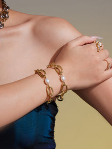 316L Stainless Steel 18K Gold Plated Pearl Chain Bracelet - Image 2
