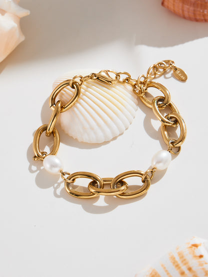 316L Stainless Steel 18K Gold Plated Pearl Chain Bracelet - Image 6