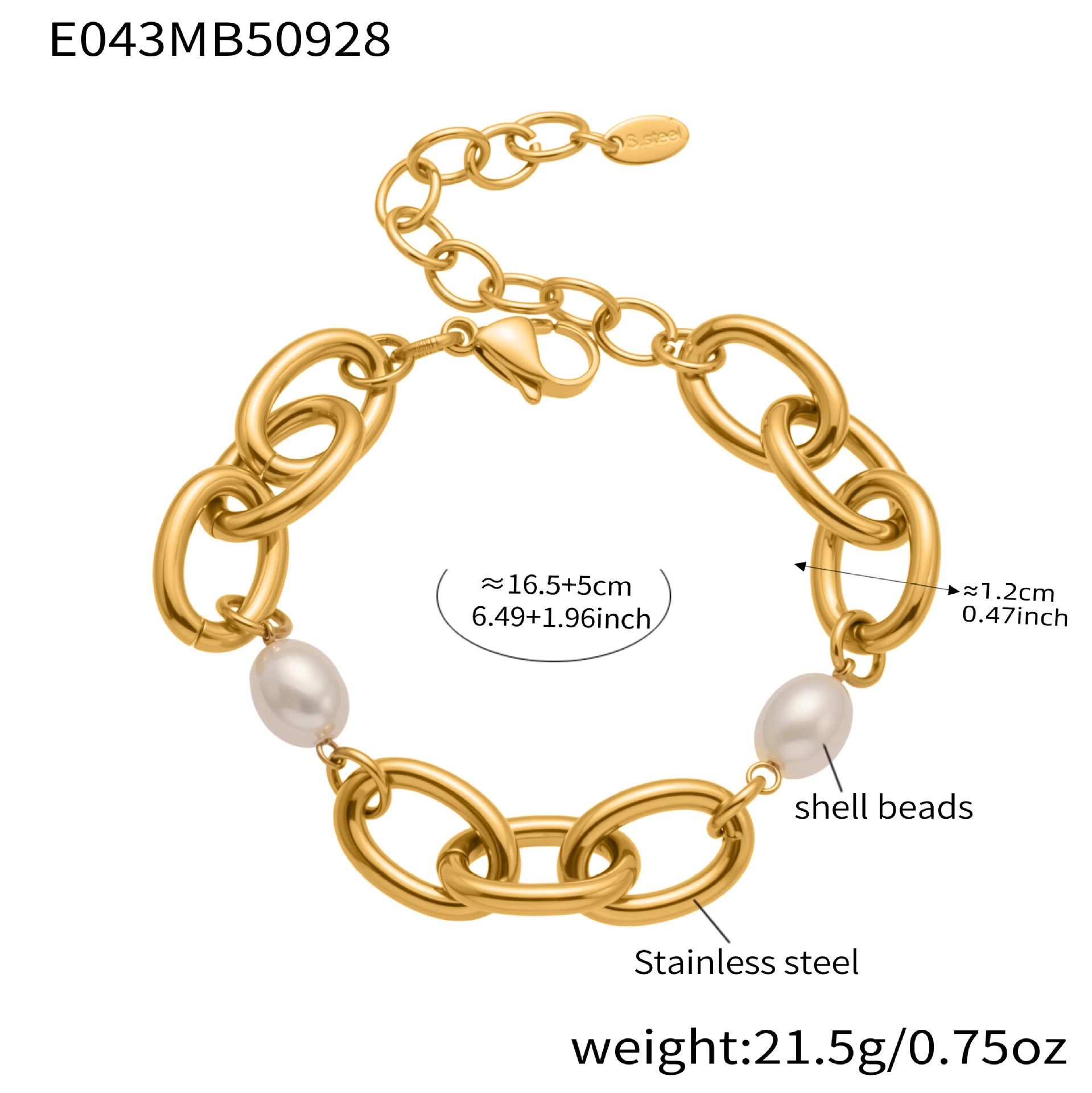 316L Stainless Steel 18K Gold Plated Pearl Chain Bracelet - Image 8