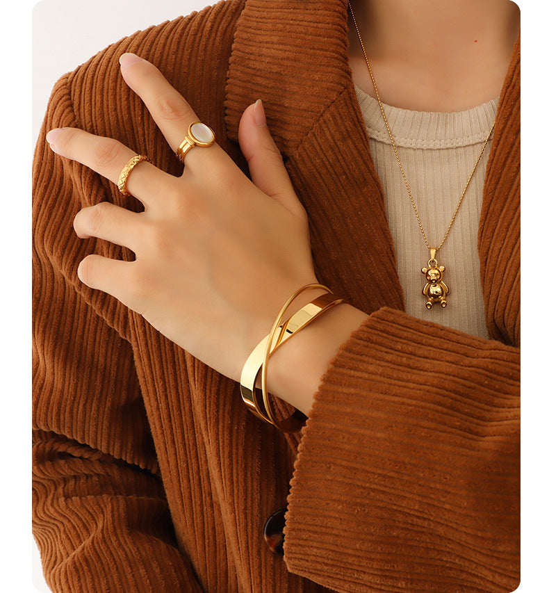 316L Stainless Steel 18K Gold Plated Polished Cross Open Bracelet - Image 3