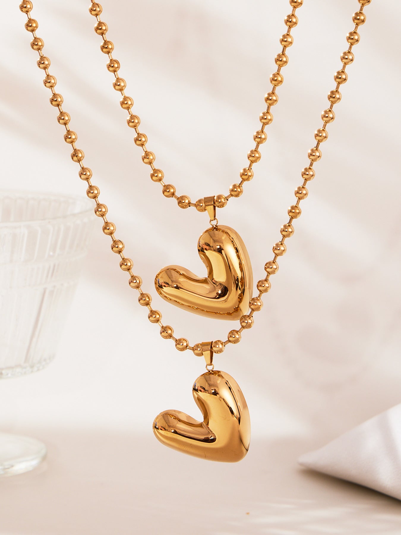 316L Stainless Steel 18K Gold Plated Polished Heart Pendant Bead Chain Necklace - Image 10