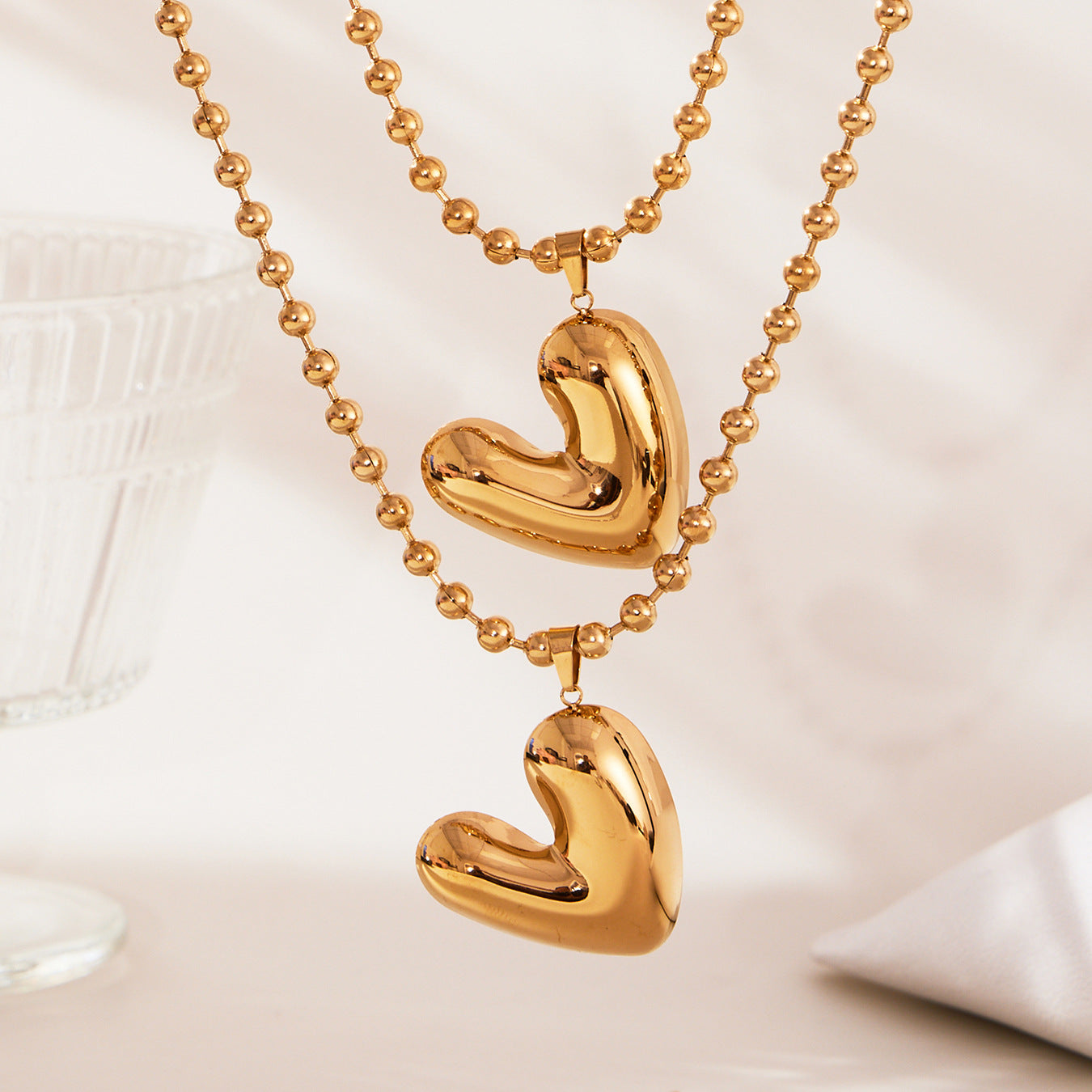 316L Stainless Steel 18K Gold Plated Polished Heart Pendant Bead Chain Necklace - Image 8
