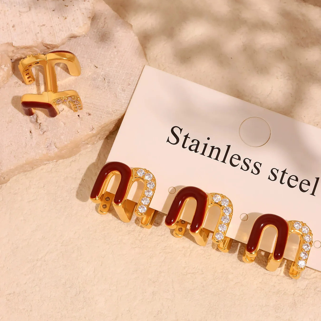 316L Stainless Steel 18K Gold Plated Red Enamel & Zircon Huggie Earrings - Image 2