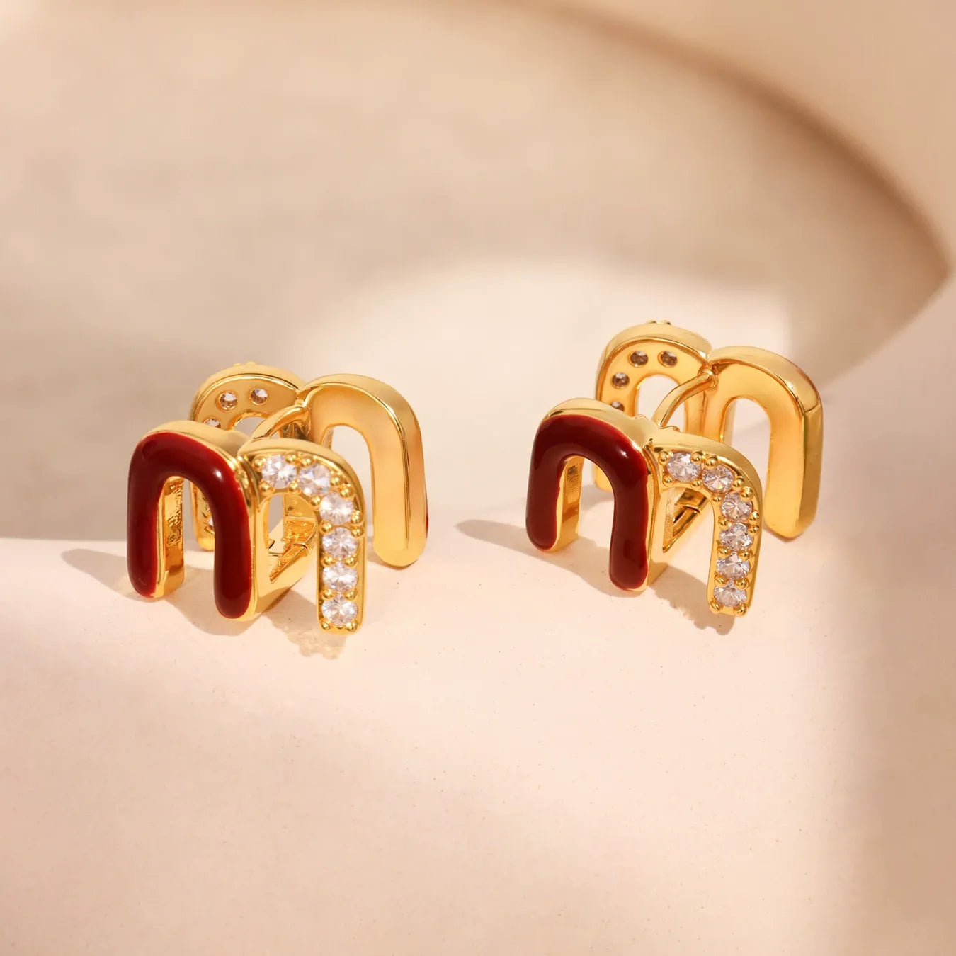 316L Stainless Steel 18K Gold Plated Red Enamel & Zircon Huggie Earrings - Image 4