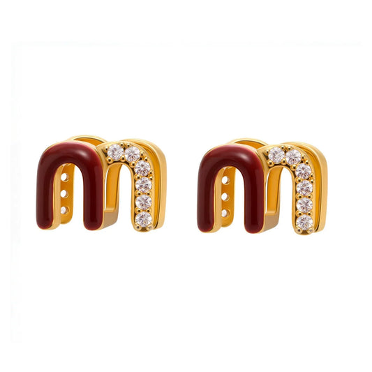 316L Stainless Steel 18K Gold Plated Red Enamel & Zircon Huggie Earrings - Image 5