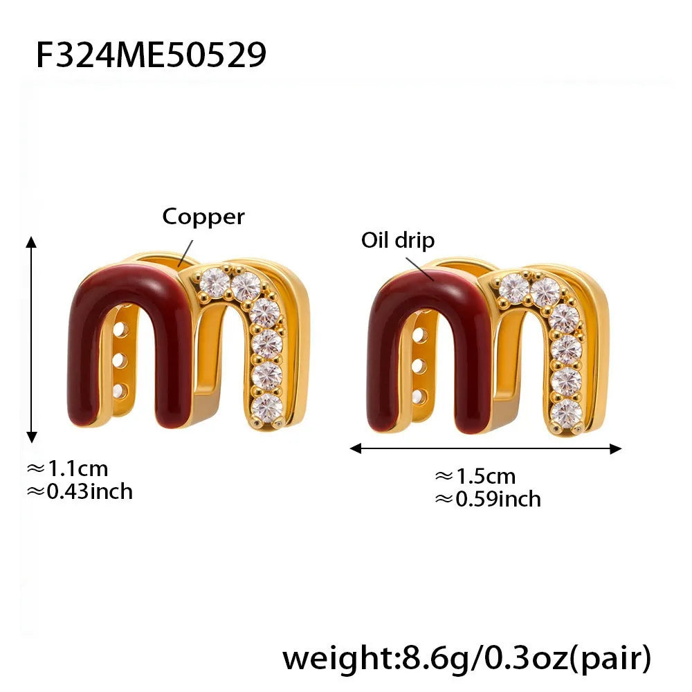 316L Stainless Steel 18K Gold Plated Red Enamel & Zircon Huggie Earrings - Image 6