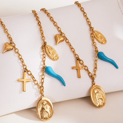 316L Stainless Steel 18K Gold Plated Round, Cross & Heart Charm Necklace & Bracelet - Image 2