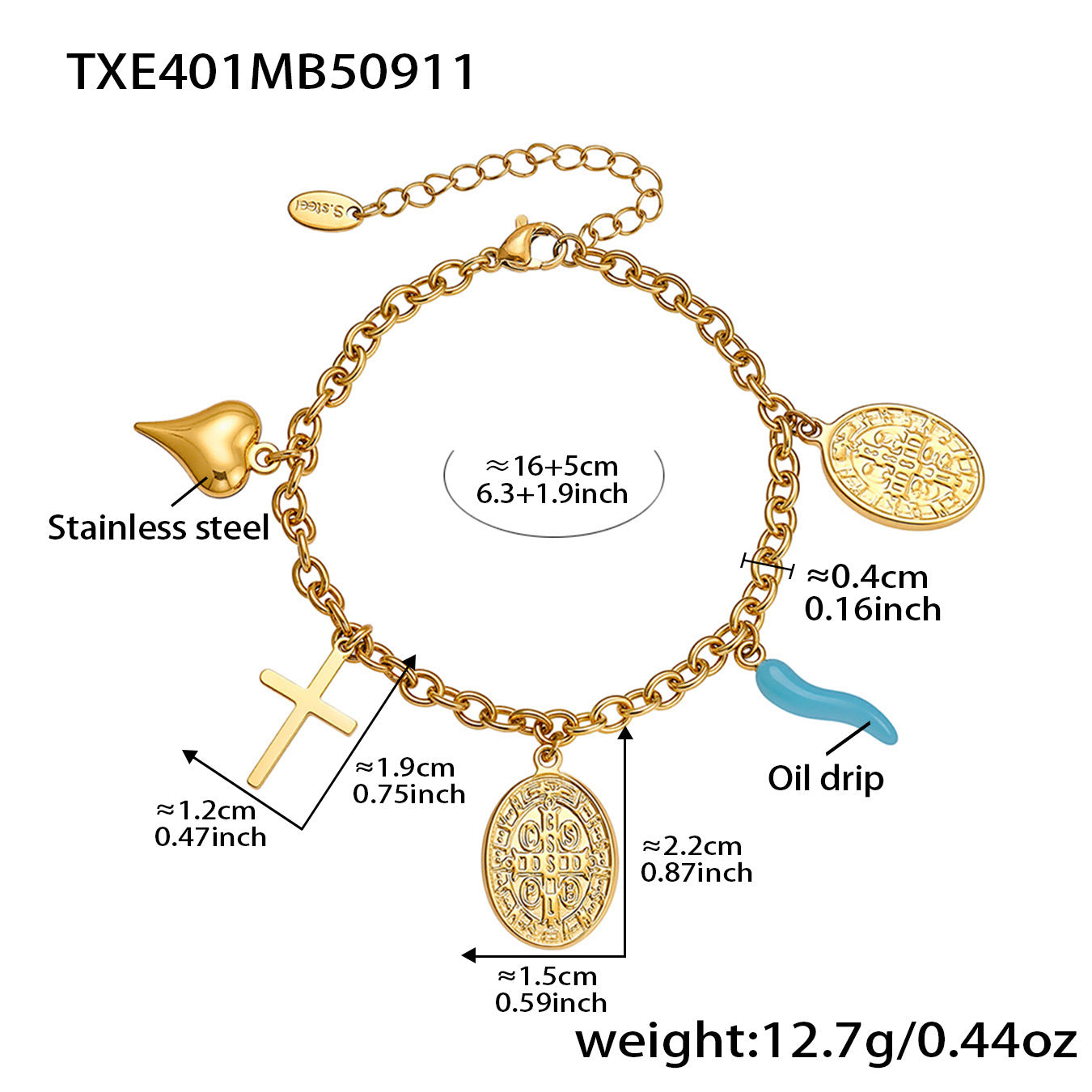 316L Stainless Steel 18K Gold Plated Round, Cross & Heart Charm Necklace & Bracelet - Image 3