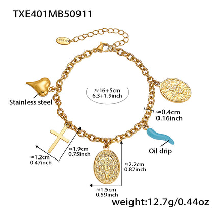 316L Stainless Steel 18K Gold Plated Round, Cross & Heart Charm Necklace & Bracelet - Image 3
