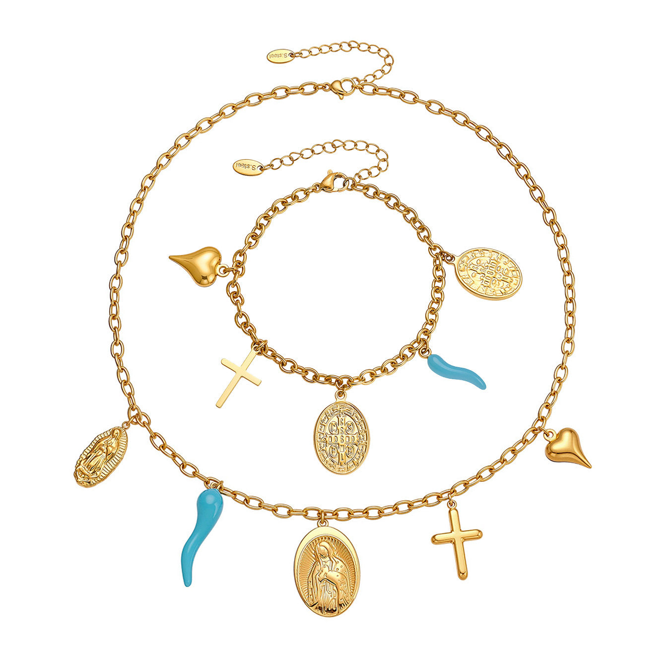 316L Stainless Steel 18K Gold Plated Round, Cross & Heart Charm Necklace & Bracelet - Image 4