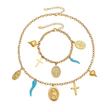 316L Stainless Steel 18K Gold Plated Round, Cross & Heart Charm Necklace & Bracelet - Image 4