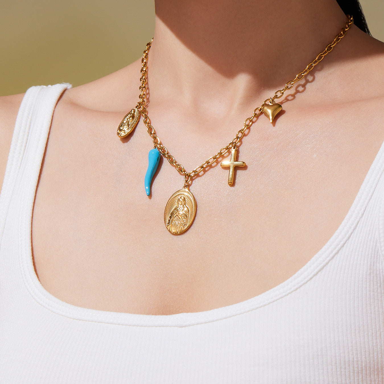 316L Stainless Steel 18K Gold Plated Round, Cross & Heart Charm Necklace & Bracelet - Image 5