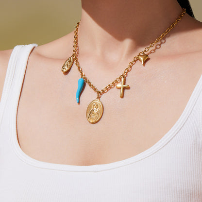 316L Stainless Steel 18K Gold Plated Round, Cross & Heart Charm Necklace & Bracelet - Image 5