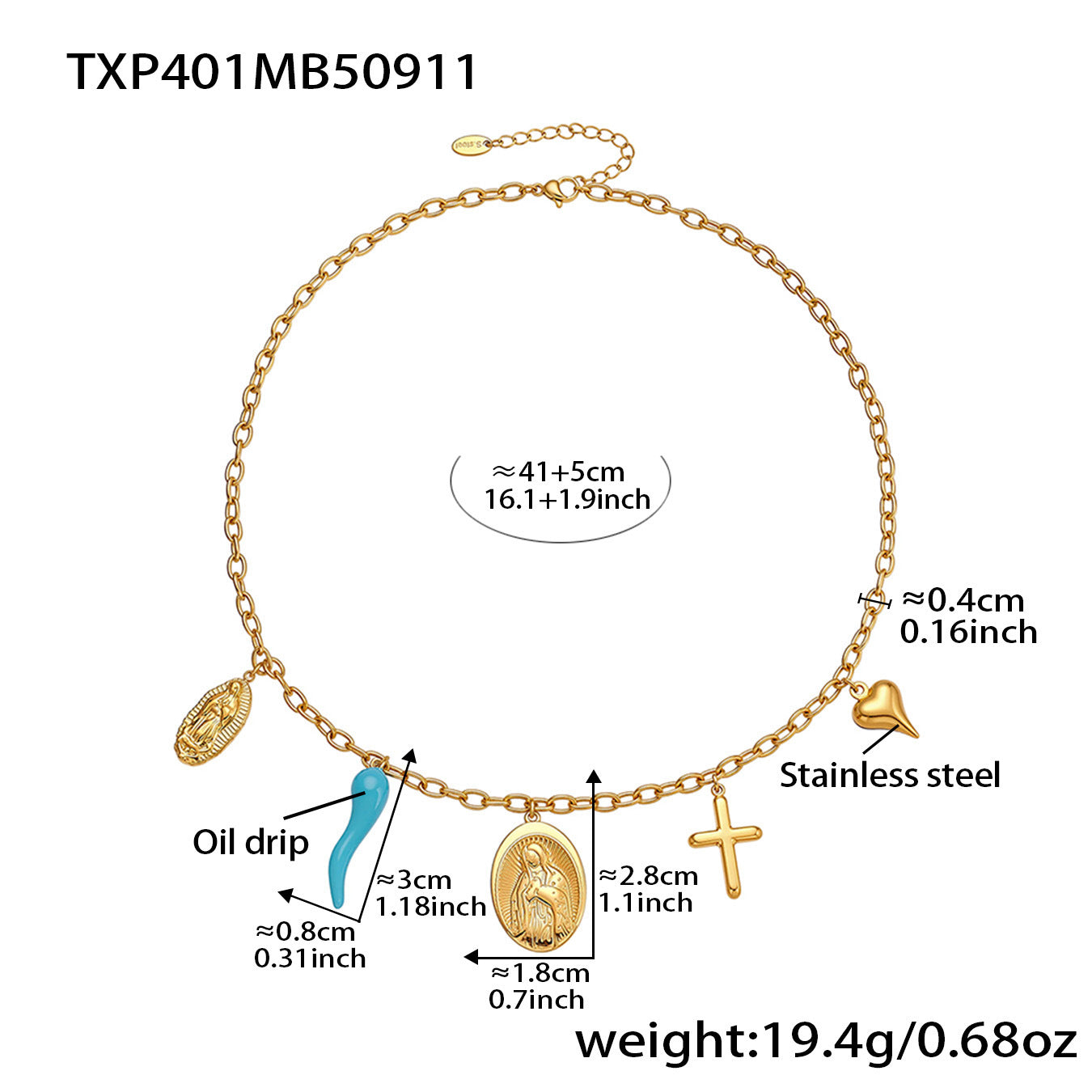 316L Stainless Steel 18K Gold Plated Round, Cross & Heart Charm Necklace & Bracelet - Image 6
