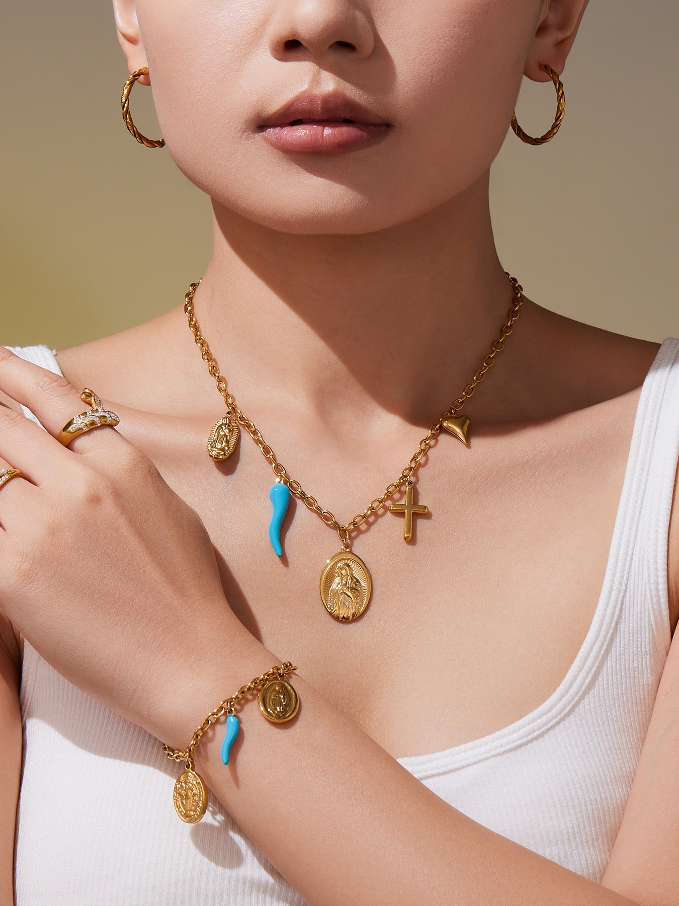 316L Stainless Steel 18K Gold Plated Round, Cross & Heart Charm Necklace & Bracelet - Image 7