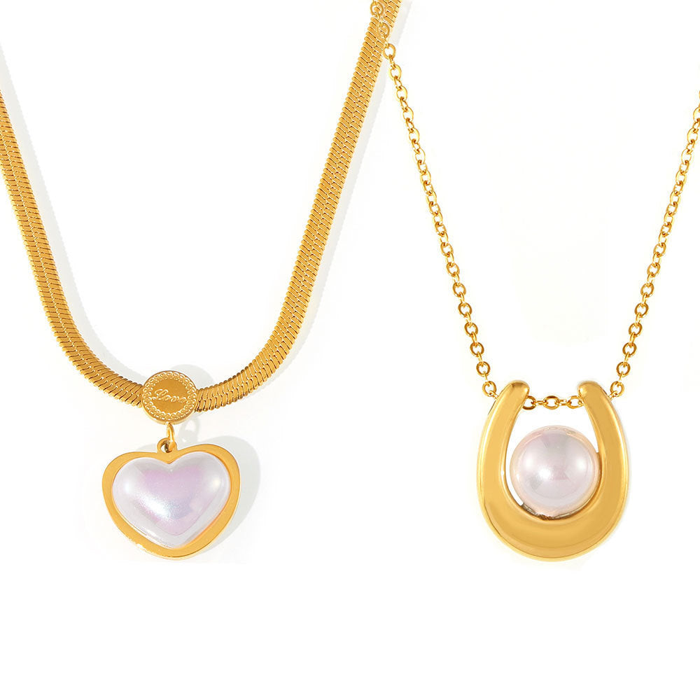 316L Stainless Steel 18K Gold Plated Royal Geometric Heart Faux Pearl Necklace - Image 1