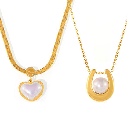 316L Stainless Steel 18K Gold Plated Royal Geometric Heart Faux Pearl Necklace - Image 1