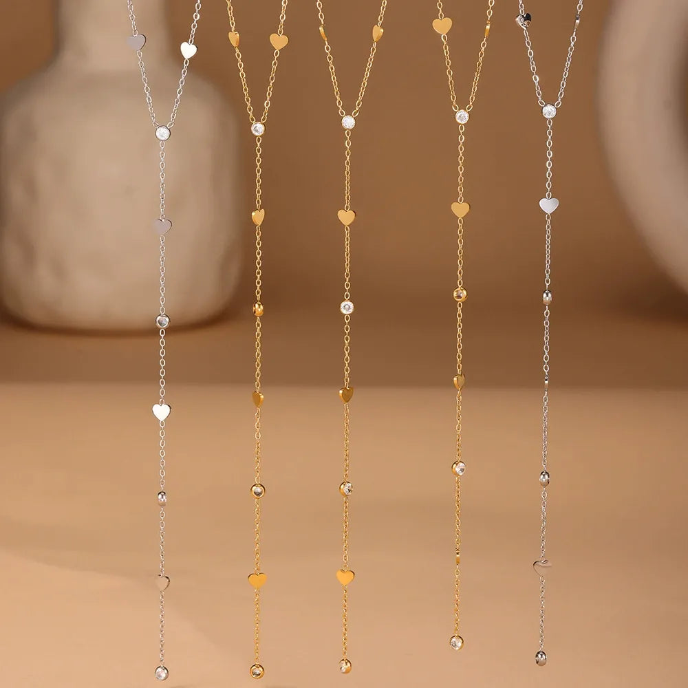 316L Stainless Steel 18K Gold Plated Small Heart Zircon Y-Lariat Layering Necklace - Image 2
