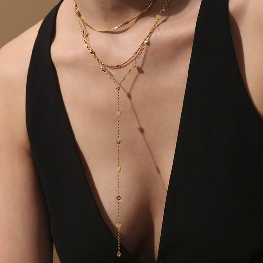 316L Stainless Steel 18K Gold Plated Small Heart Zircon Y-Lariat Layering Necklace - Image 3