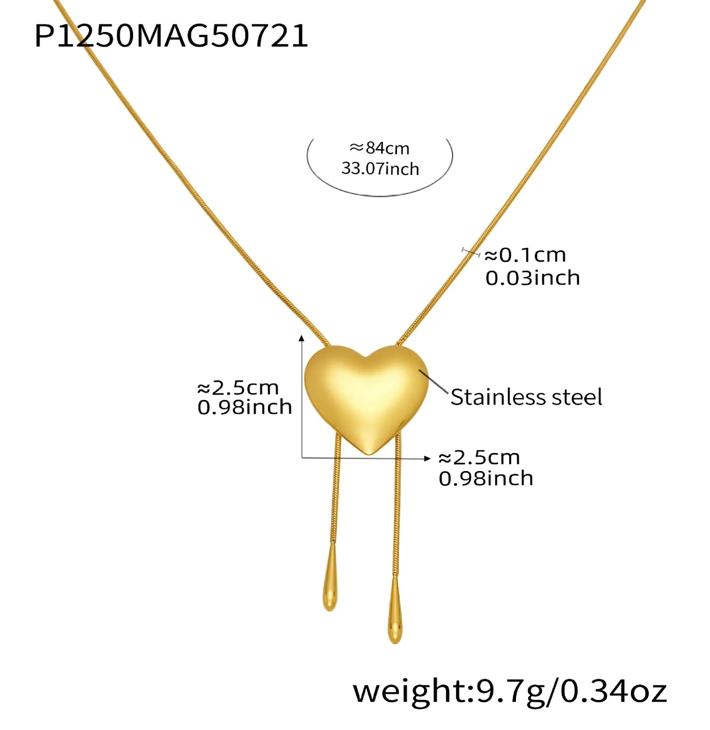 316L Stainless Steel 18K Gold Plated Smooth Heart Adjustable Snake Chain Necklace - Image 6