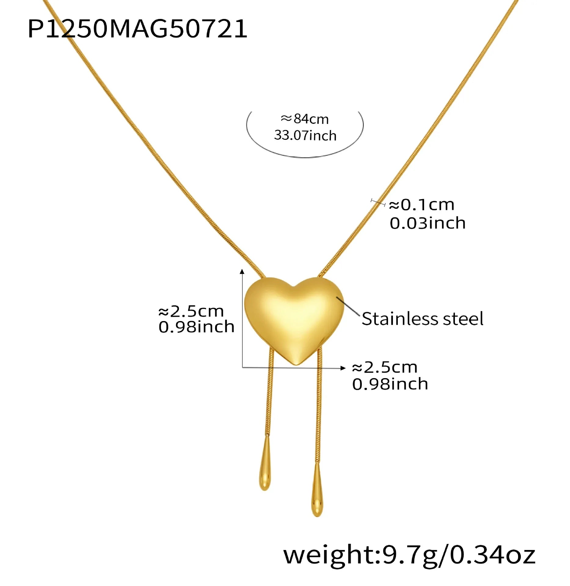 316L Stainless Steel 18K Gold Plated Smooth Heart Adjustable Snake Chain Necklace - Image 6