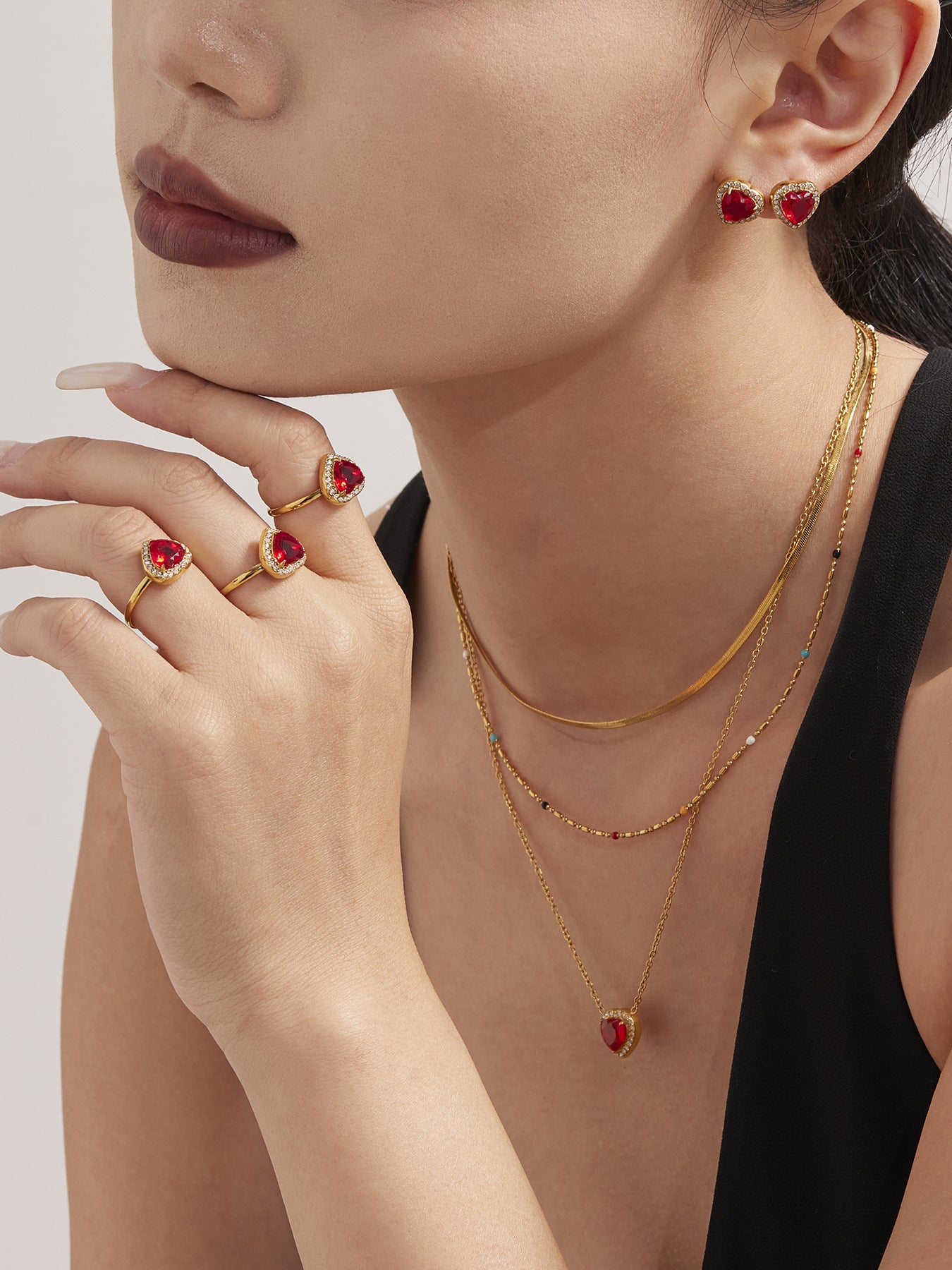 316L Stainless Steel 18K Gold Plated Sparkling Red Zircon Heart Jewelry Collection - Image 1