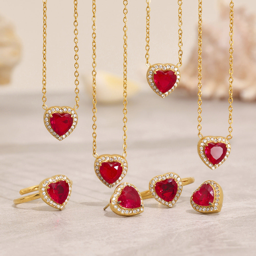 316L Stainless Steel 18K Gold Plated Sparkling Red Zircon Heart Jewelry Collection - Image 10