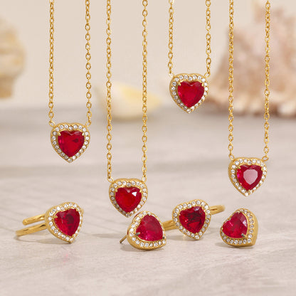 316L Stainless Steel 18K Gold Plated Sparkling Red Zircon Heart Jewelry Collection - Image 10