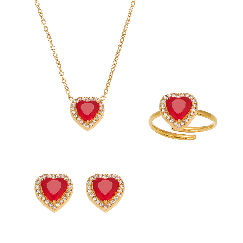 316L Stainless Steel 18K Gold Plated Sparkling Red Zircon Heart Jewelry Collection - Image 5