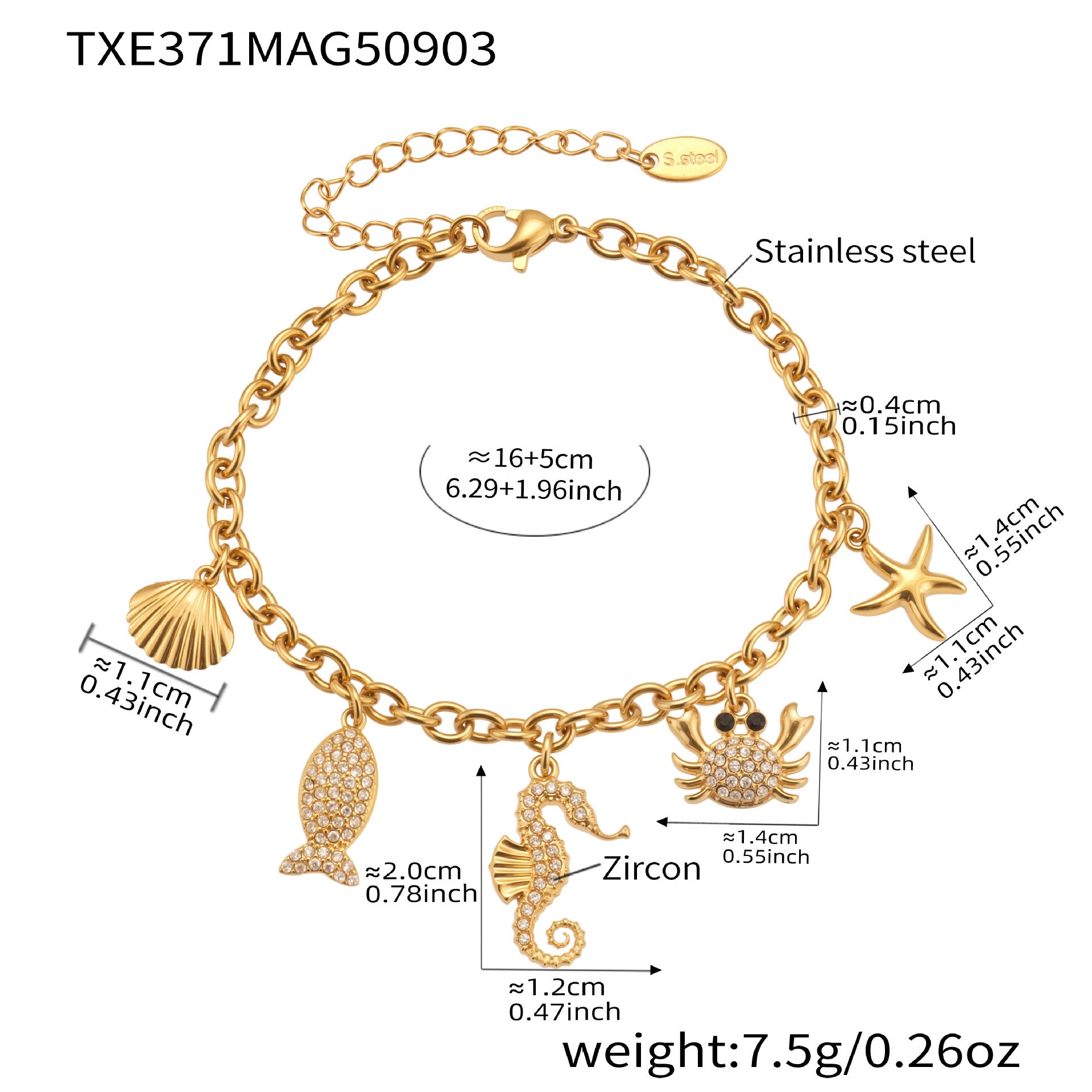 316L Stainless Steel 18K Gold Plated Sparkling Seahorse & Fish Multi-Charm Necklace & Bracelet Set - Image 1