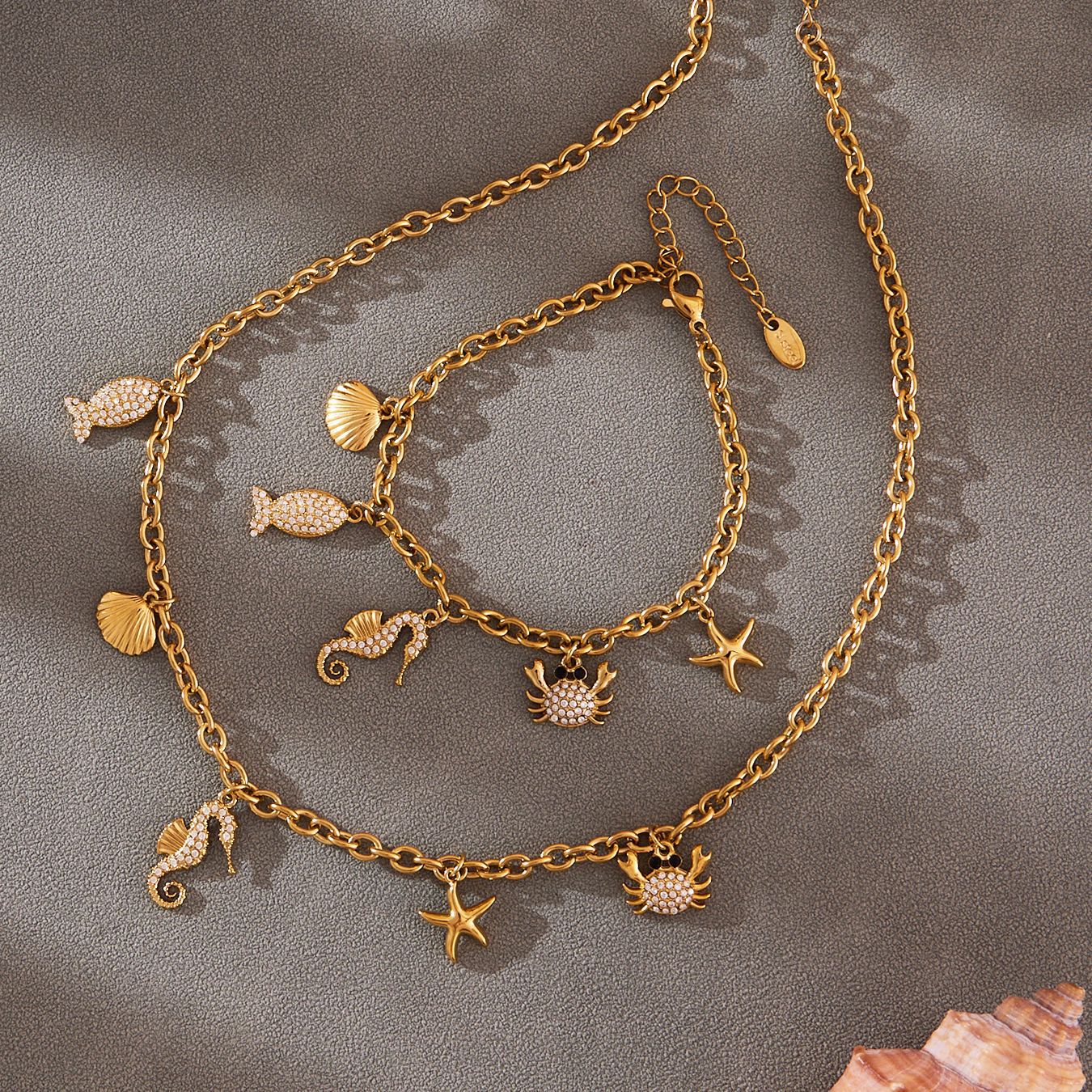 316L Stainless Steel 18K Gold Plated Sparkling Seahorse & Fish Multi-Charm Necklace & Bracelet Set - Image 5