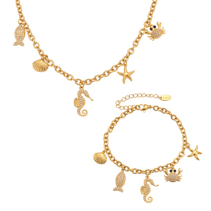 316L Stainless Steel 18K Gold Plated Sparkling Seahorse & Fish Multi-Charm Necklace & Bracelet Set - Image 6