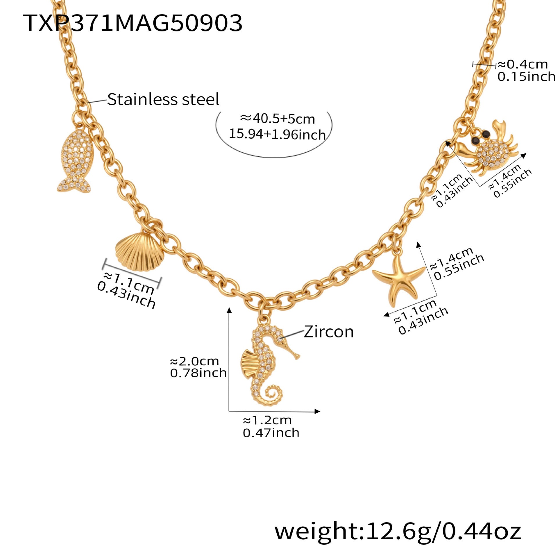 316L Stainless Steel 18K Gold Plated Sparkling Seahorse & Fish Multi-Charm Necklace & Bracelet Set - Image 7