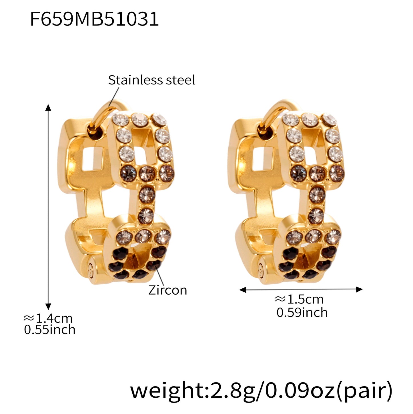 316L Stainless Steel 18K Gold Plated Sparkling Square Zircon Hoop Earrings - Image 4