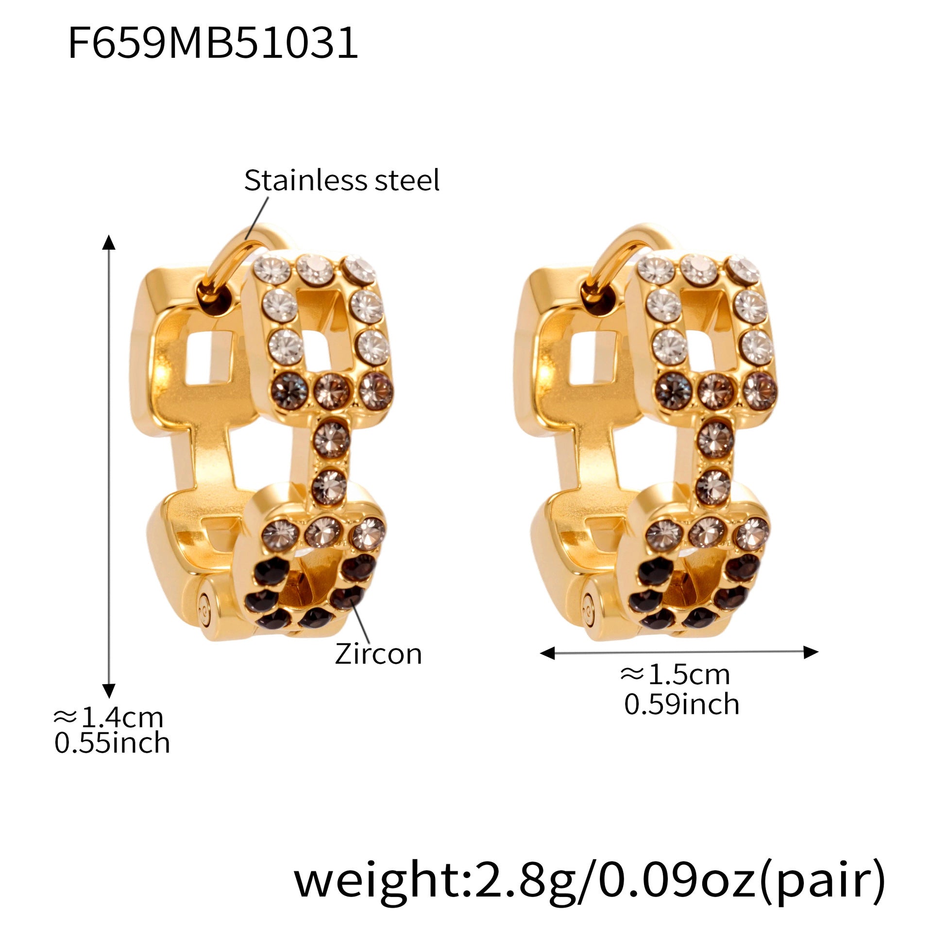 316L Stainless Steel 18K Gold Plated Sparkling Square Zircon Hoop Earrings - Image 4